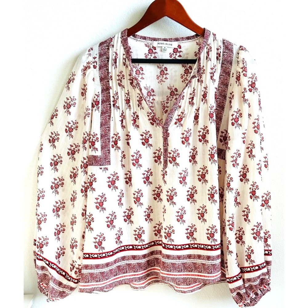 ROSE+OLIVE Ivory & Red Floral Peasant Henley Top with Long Sleeves Womens Medium